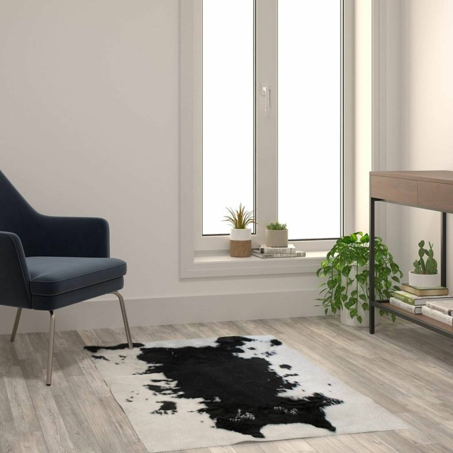 Flash Furniture Barstow Collection Black Faux Cowhide Print Area Rug - 3'x5' Vegan Polyester Rug for Living Room, Bedroom, Entryway - Cruelty Free Home Decor