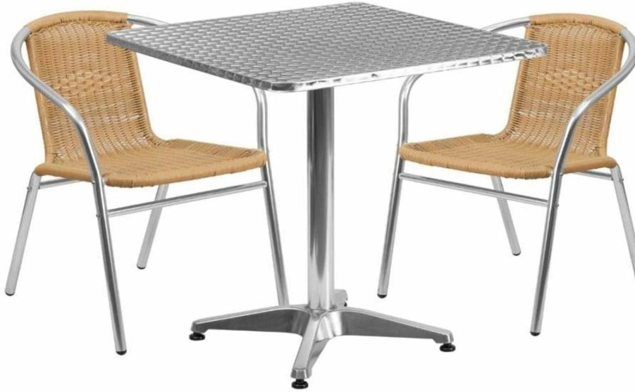 Flash Furniture 27.5" Square Aluminum Patio Dining Set with 2 Dark Brown Rattan Chairs - Indoor-Outdoor Bistro Table