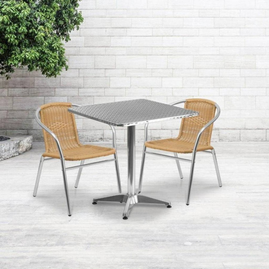 Flash Furniture 27.5" Square Aluminum Patio Dining Set with 2 Dark Brown Rattan Chairs - Indoor-Outdoor Bistro Table