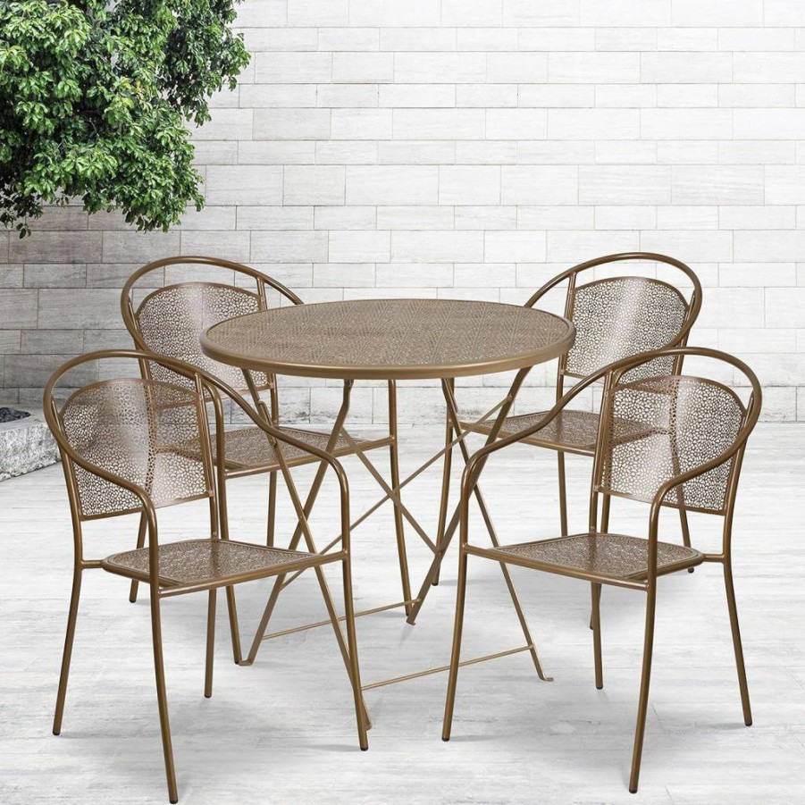 Flash Furniture 30 Inch Round Steel Folding Table Set with 4 Chairs, Light Gray Indoor-Outdoor Patio Dining, Commercial Grade