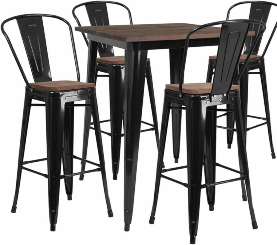 Flash Furniture 31.5" Square Black Metal Bar Table Set with Wood Top and 4 Matching Stools