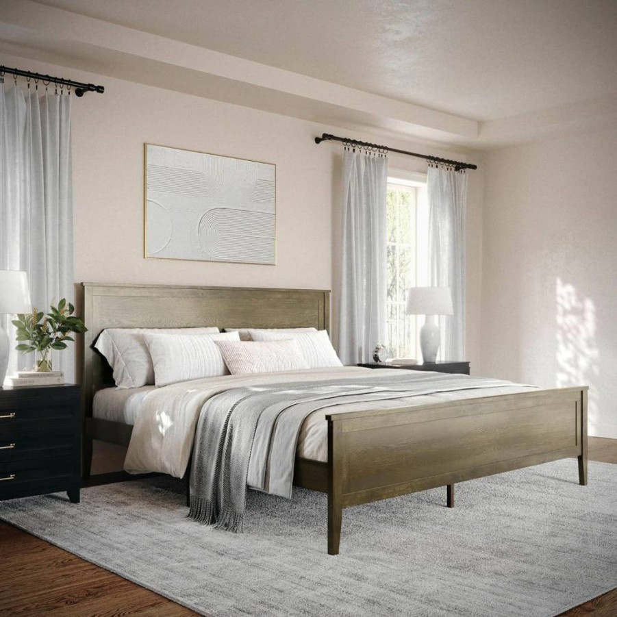 Martha Stewart Corbin Queen Solid Wood Bed with Headboard & Footboard - Dark Brown Wood Slat Platform, No Box Spring Required