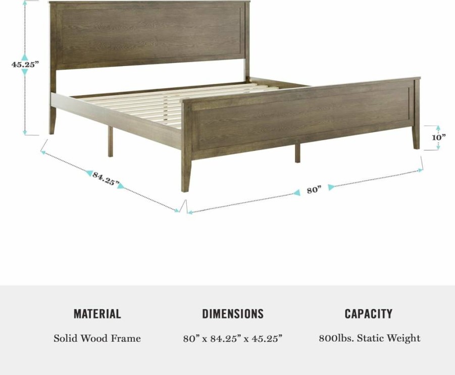 Martha Stewart Corbin Queen Solid Wood Bed with Headboard & Footboard - Dark Brown Wood Slat Platform, No Box Spring Required