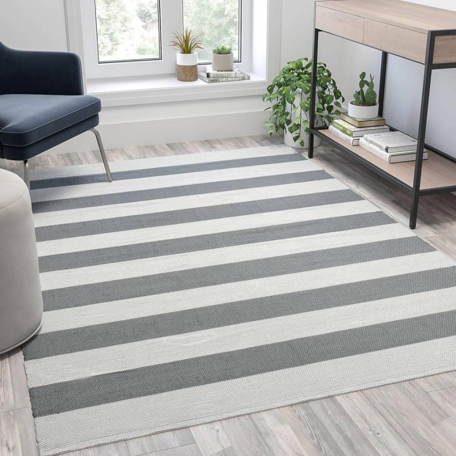 Flash Furniture Melissa 5x7 Indoor Outdoor Rug - Grey White Cabana Stripes - Stain Resistant - All Weather Patio Carpet
