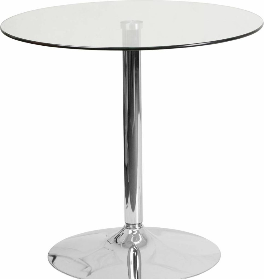 Flash Furniture 31.5" Round Tempered Glass Dining Table with Chrome Base, Clear/Silver Modern Cocktail Table for Home or Office
