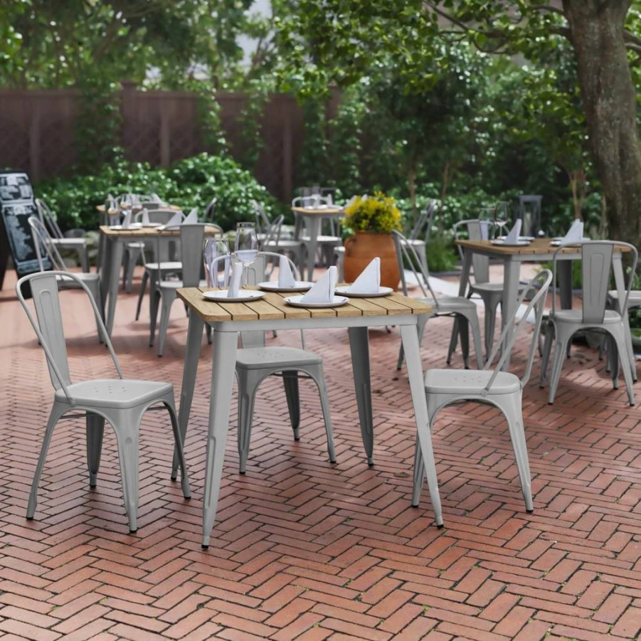 Flash Furniture Declan 31.5" Square Outdoor Dining Table - All-Weather Poly Resin Top & Steel Base, Brown/Silver, Commercial Grade Patio Furniture