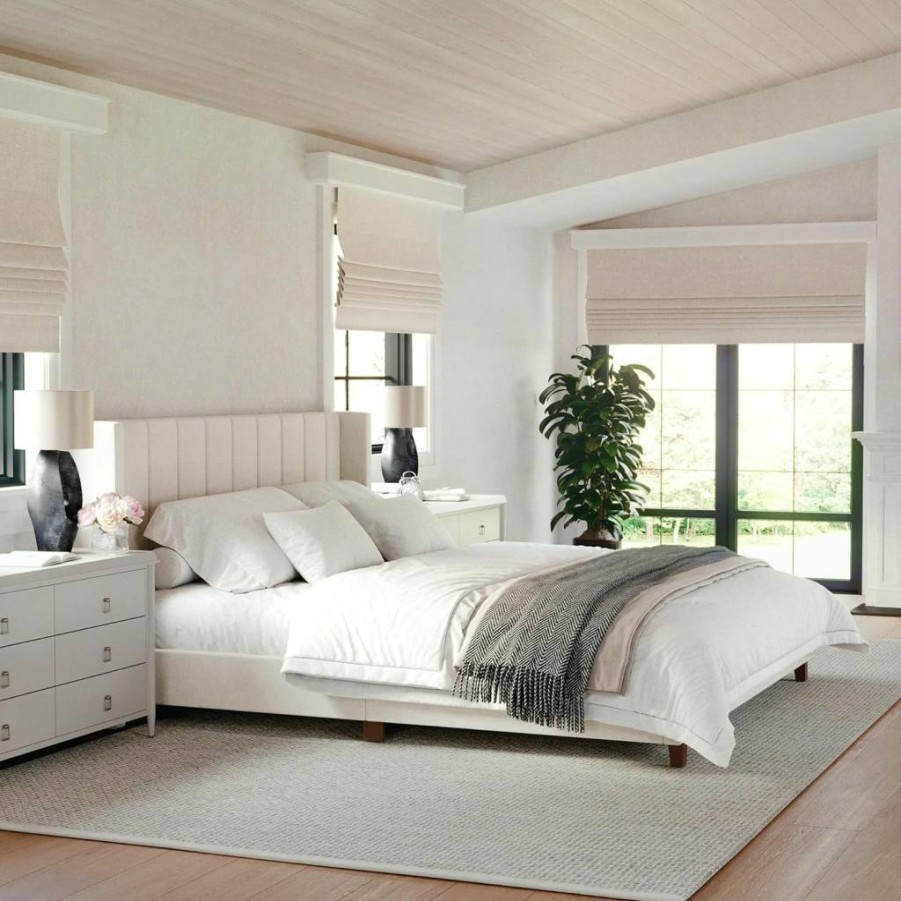 Martha Stewart King Size Low Profile Platform Bed with Wingback Headboard, Channel Stitched Beige Faux Linen Upholstery, No Box Spring Required