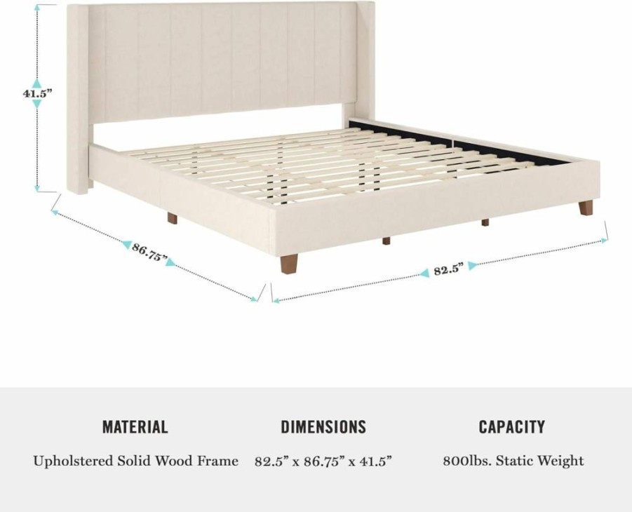 Martha Stewart King Size Low Profile Platform Bed with Wingback Headboard, Channel Stitched Beige Faux Linen Upholstery, No Box Spring Required
