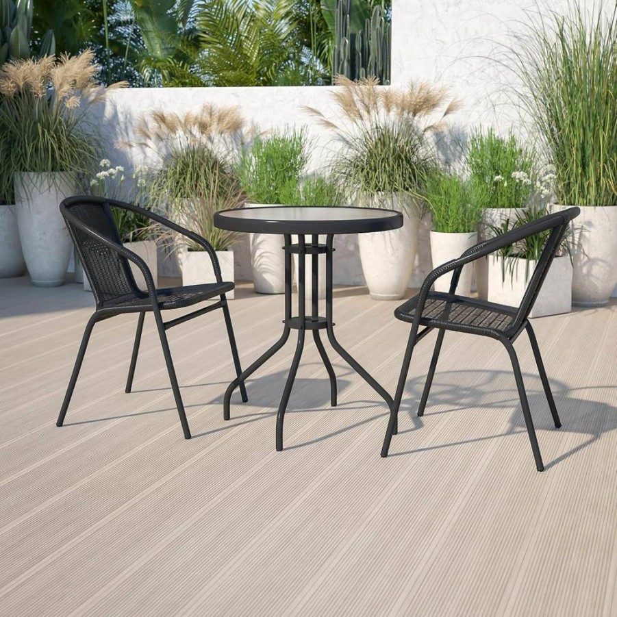 Flash Furniture Lila 23.75-Inch Round Glass Top Dining Table with 2 Black Rattan Stackable Chairs, Modern Patio Bistro Set