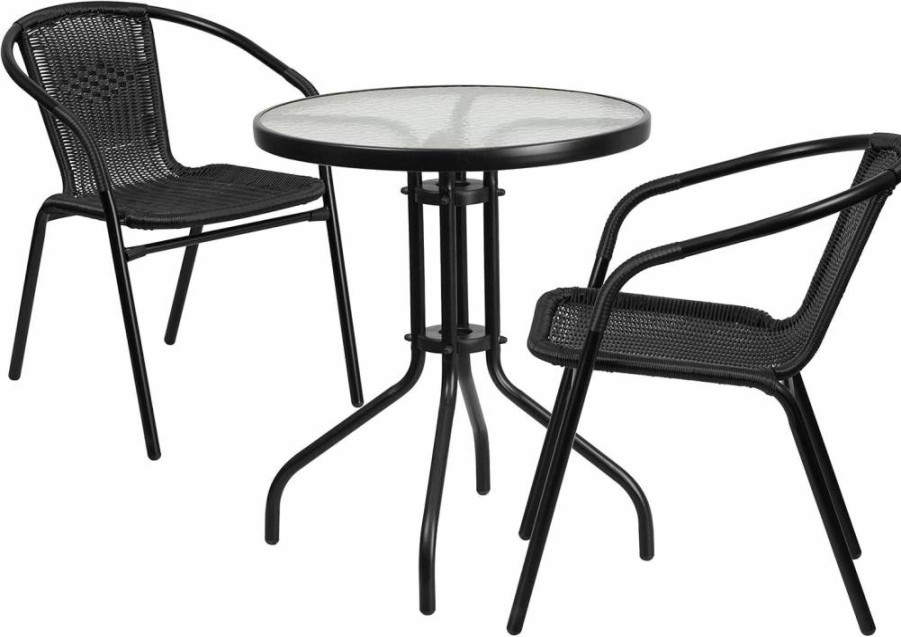 Flash Furniture Lila 23.75-Inch Round Glass Top Dining Table with 2 Black Rattan Stackable Chairs, Modern Patio Bistro Set