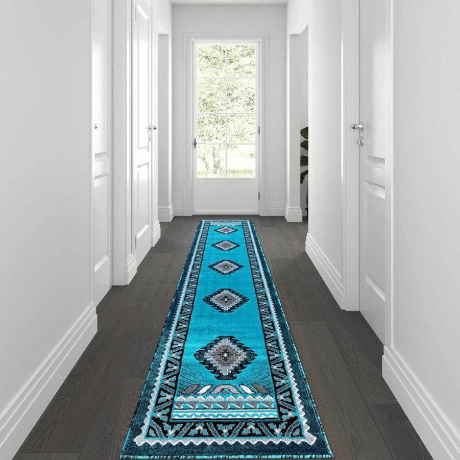 Flash Furniture Ventana Collection 2x7 Southwestern Area Rug - Low Pile Olefin Jute Backing in Hunter Green for Hallway, Entryway, Bedroom, Living Room
