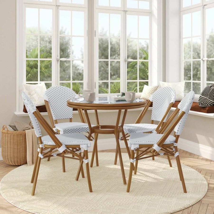 Flash Furniture Lourdes 4-Piece Bistro Set - Indoor/Outdoor Aluminum Frame with PE Rattan Chairs & Tempered Glass Table - Natural/White Bamboo Print