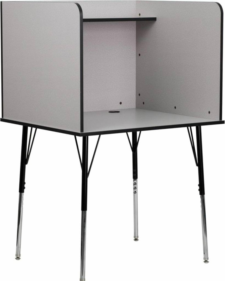 Flash Furniture Adjustable Study Carrel with Top Shelf - Nebula Grey Office Desk for Quiet Workspace