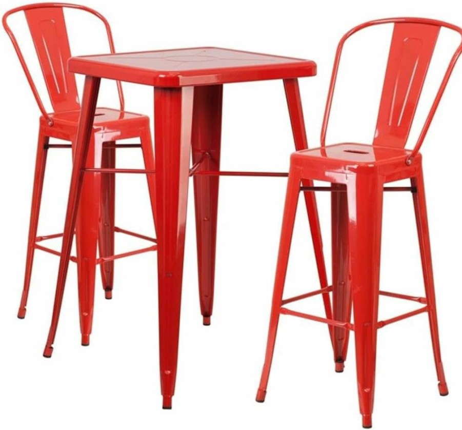 Flash Furniture 24" Square Blue Metal Bar Table Set with 2 Backed Stools for Indoor & Outdoor Use