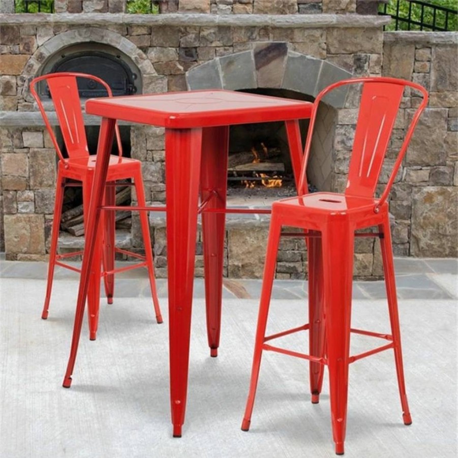 Flash Furniture 24" Square Blue Metal Bar Table Set with 2 Backed Stools for Indoor & Outdoor Use