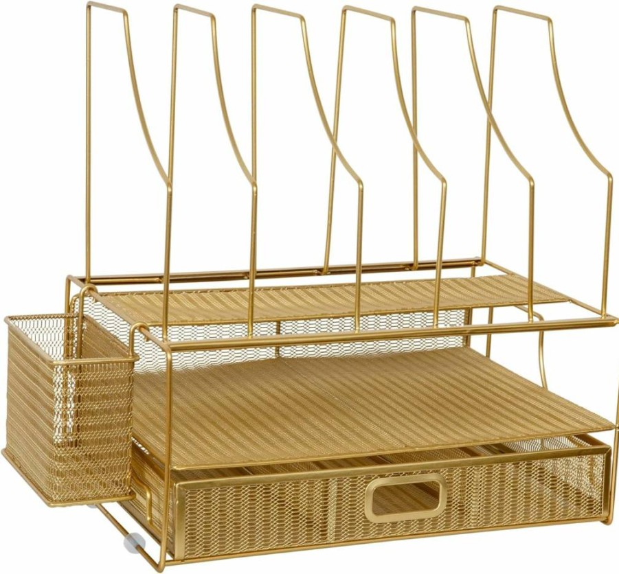 Martha Stewart Large Gold Mesh Desktop Organizer with File Holder and Drawer for Paper Storage