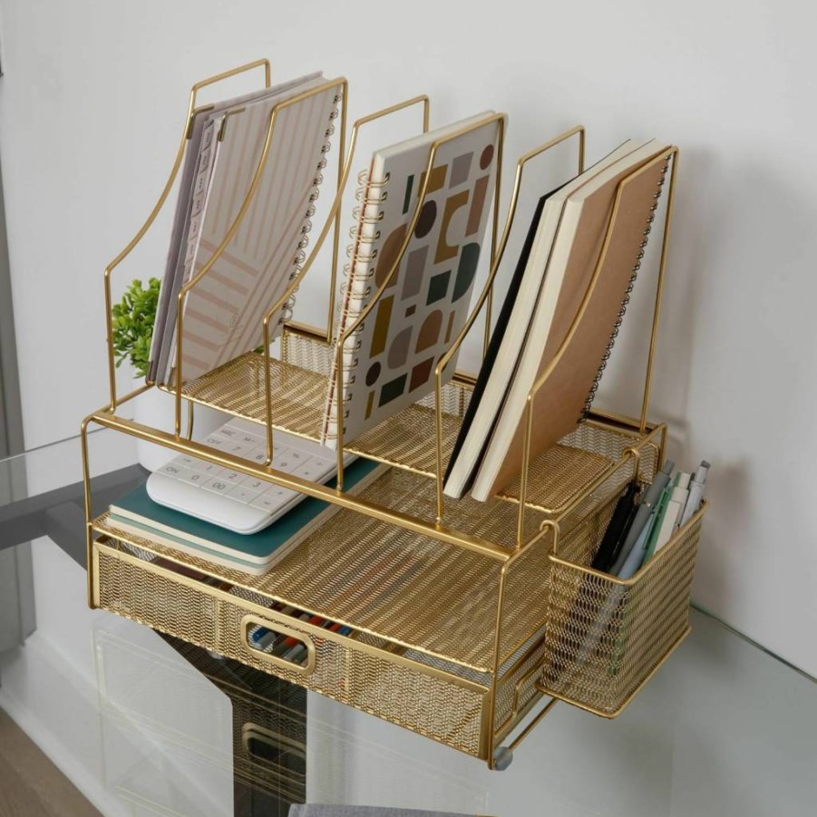Martha Stewart Large Gold Mesh Desktop Organizer with File Holder and Drawer for Paper Storage