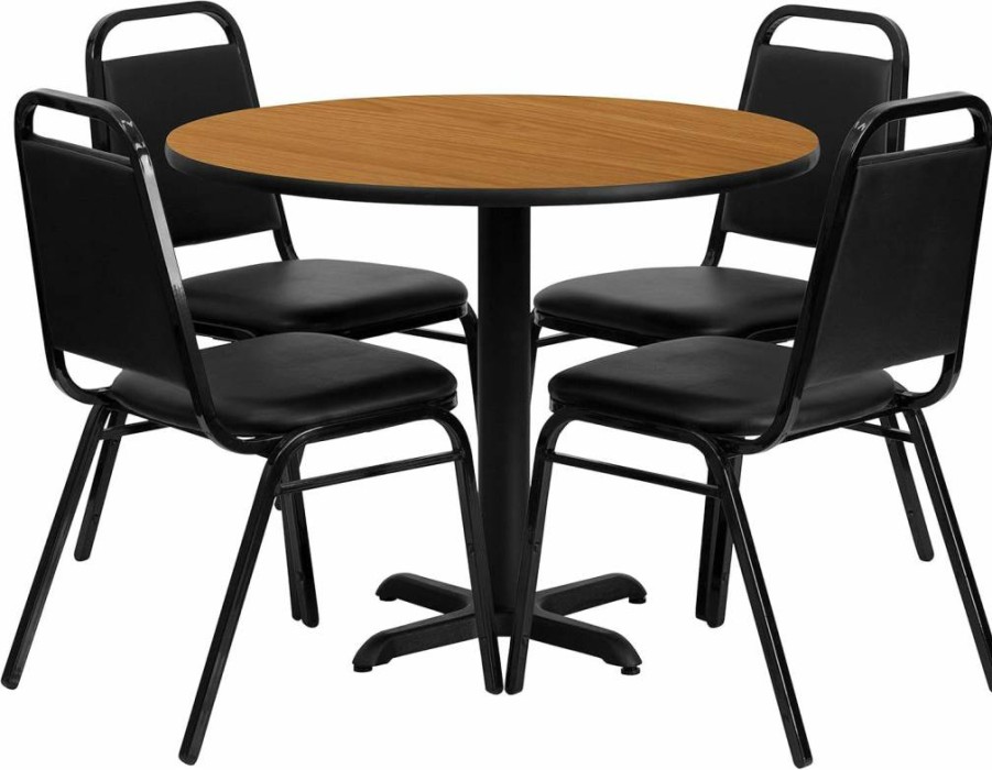 Flash Furniture 36-Inch Round Black Laminate Dining Table Set with X-Base and 4 Black Banquet Chairs, Carlton Style Modern Kitchen Breakfast Room