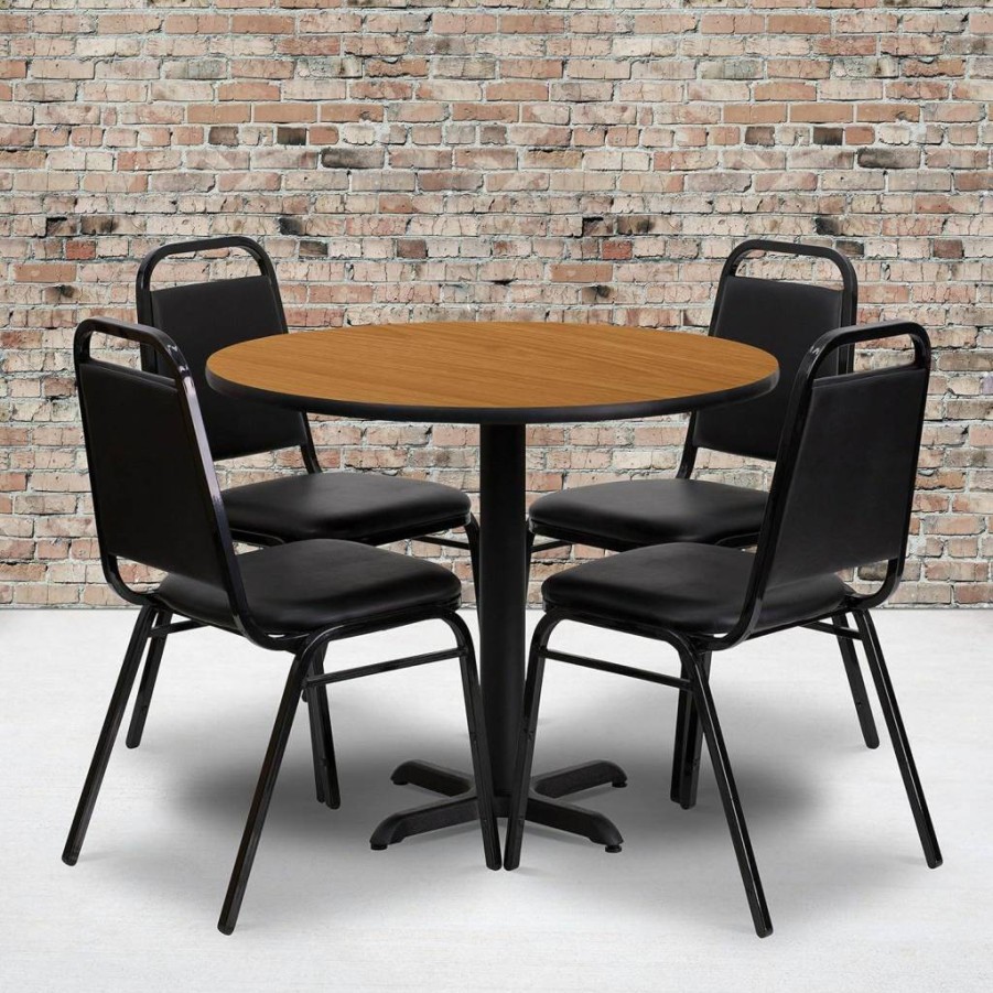 Flash Furniture 36-Inch Round Black Laminate Dining Table Set with X-Base and 4 Black Banquet Chairs, Carlton Style Modern Kitchen Breakfast Room