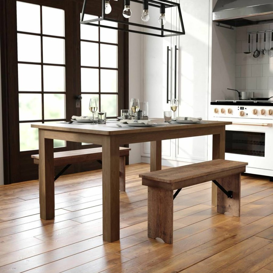 Flash Furniture 60" x 38" Solid Pine Farmhouse Dining Table - Rustic Rectangular Kitchen & Restaurant Table, Antique Finish