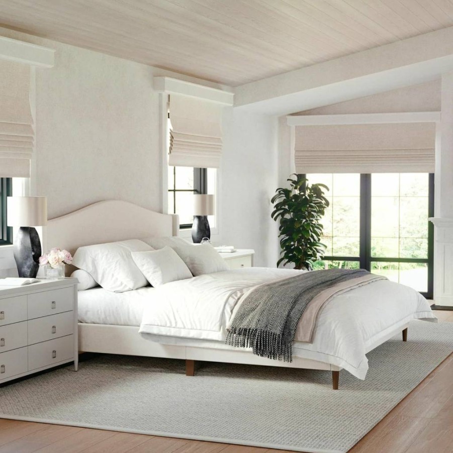 Martha Stewart Amelia Upholstered Platform Bed with Curved Headboard, Full Size Gray Fabric Bed Frame with Wood Slat Support, No Box Spring Required