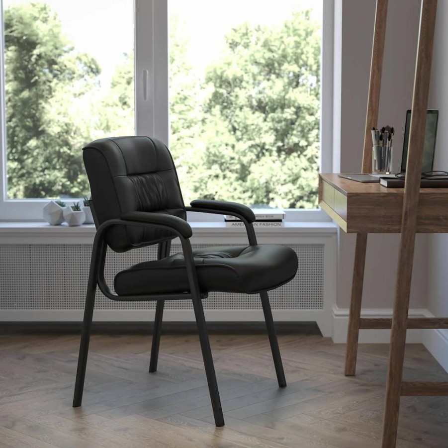Flash Furniture White LeatherSoft Executive Office Chair with Black Metal Frame - Ergonomic Reception Side Chair for Professional Spaces