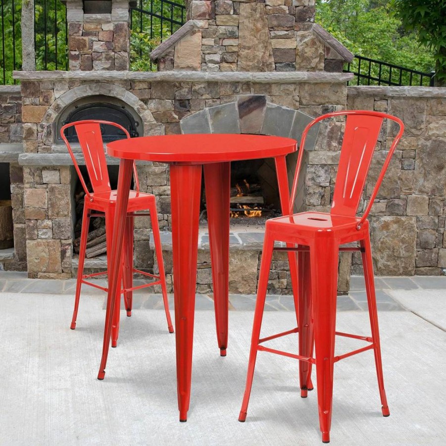 Flash Furniture 30 Inch Round Silver Metal Bar Table Set with 2 Stools for Indoor Outdoor Cafe Bistro Commercial Use