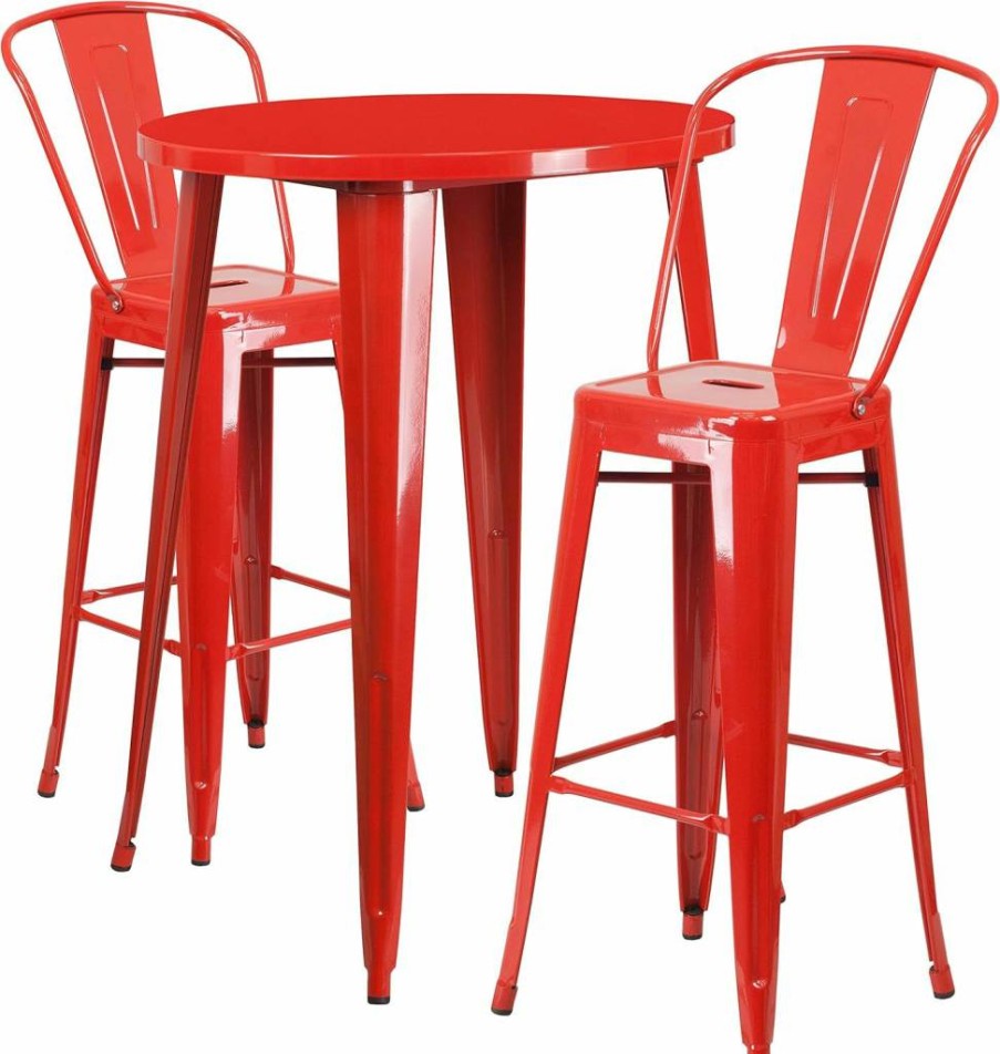 Flash Furniture 30 Inch Round Silver Metal Bar Table Set with 2 Stools for Indoor Outdoor Cafe Bistro Commercial Use