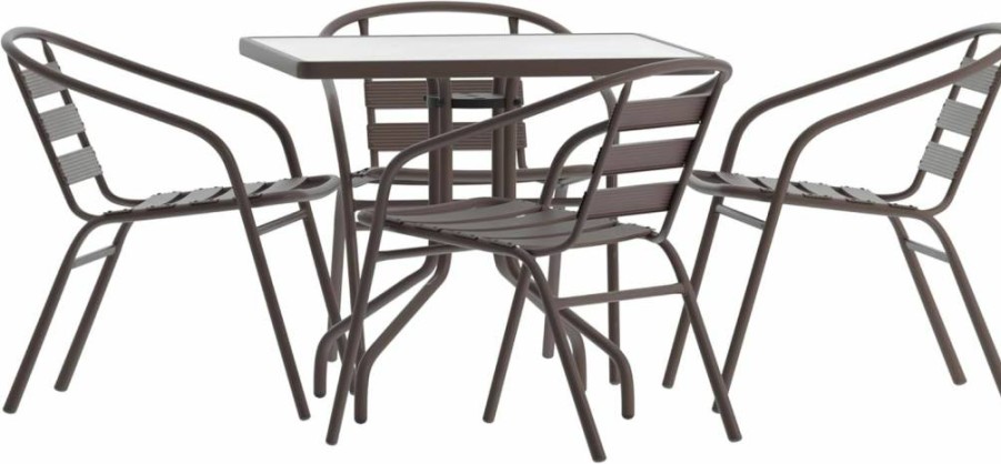 Flash Furniture 5-Piece Black Indoor/Outdoor Bistro Set with 31.5" Square Glass Table & 4 Stackable Slat Back Chairs, Patio Dining Set