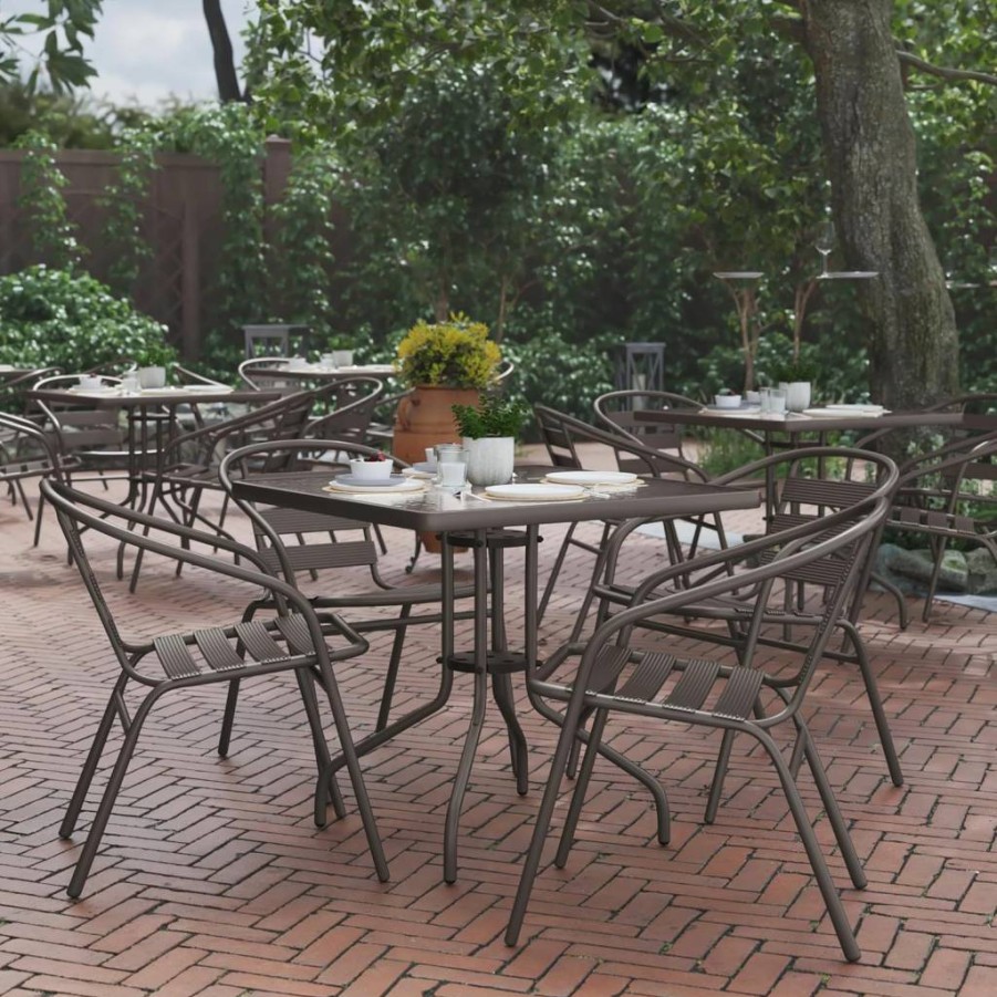 Flash Furniture 5-Piece Black Indoor/Outdoor Bistro Set with 31.5" Square Glass Table & 4 Stackable Slat Back Chairs, Patio Dining Set