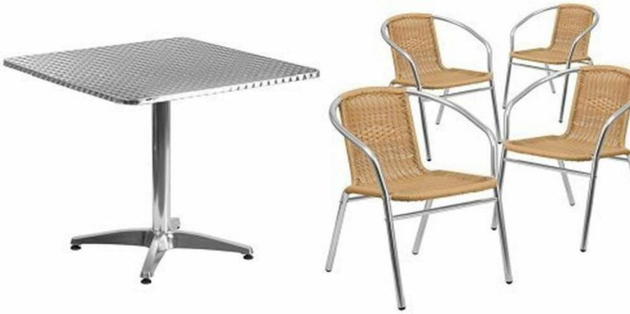 Flash Furniture 31.5" Square Aluminum Patio Dining Set with 4 Beige Rattan Chairs for Indoor and Outdoor Use