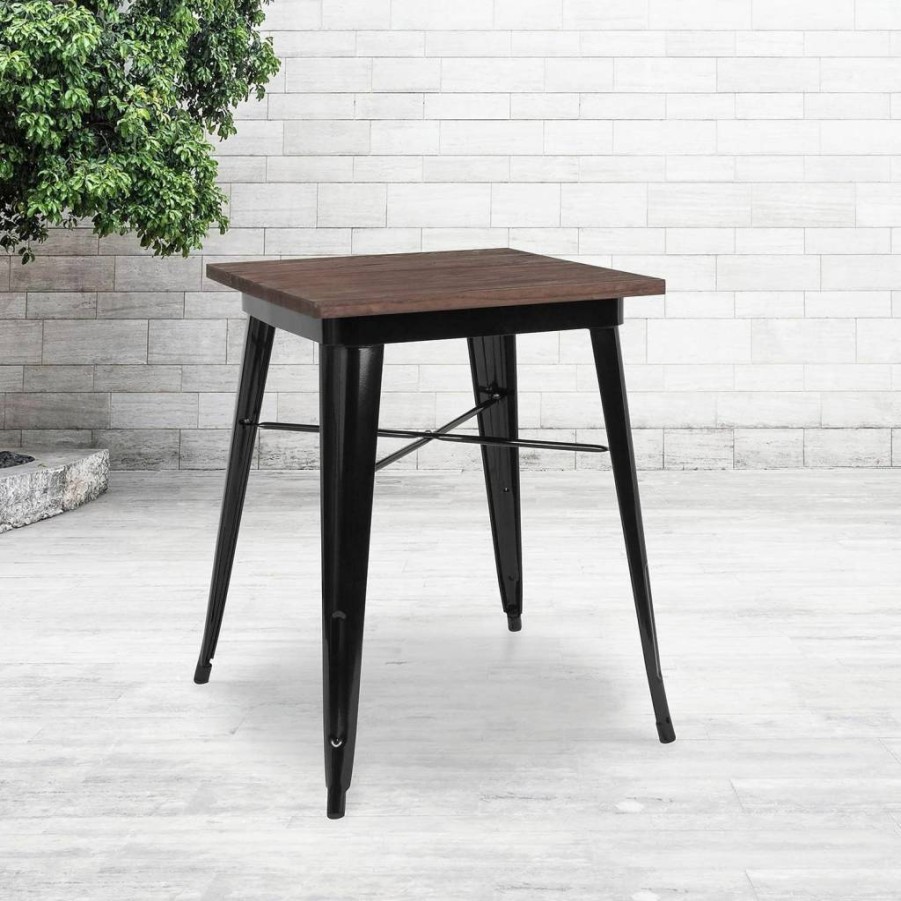 Flash Furniture 23.5" Square Black Metal and Walnut Rustic Wood Top Indoor Table