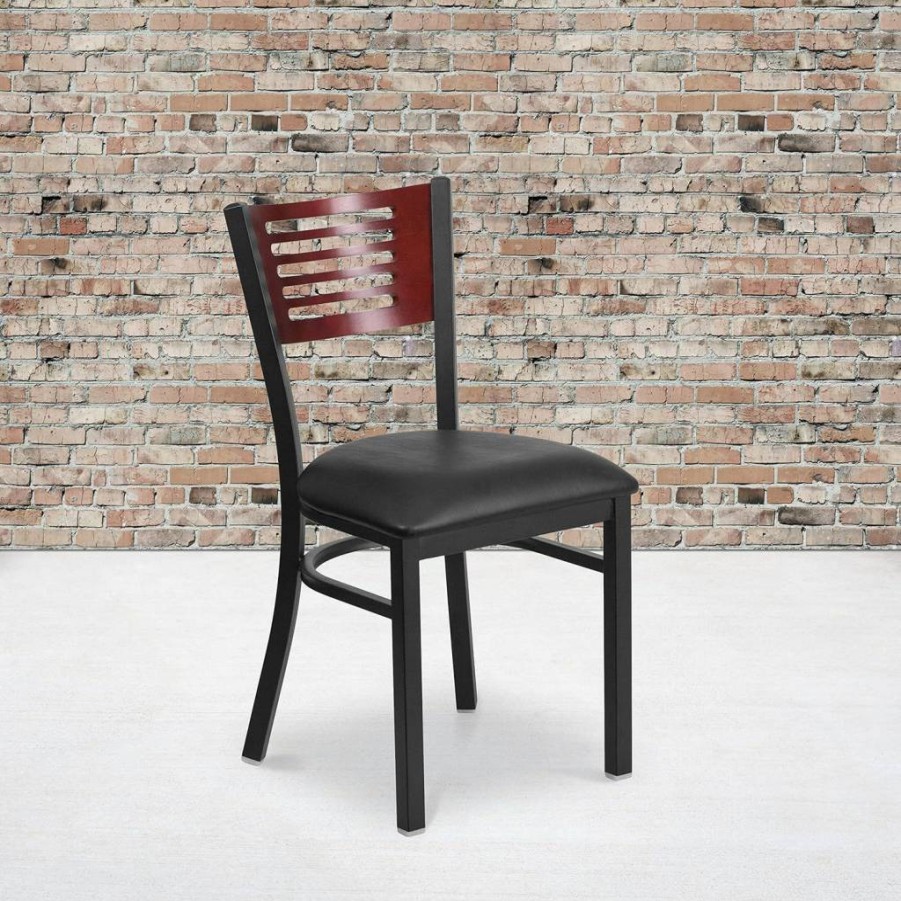 Flash Furniture Hercules Series 2-Pack Black Metal Restaurant Chairs with Mahogany Wood Back and Vinyl Seat