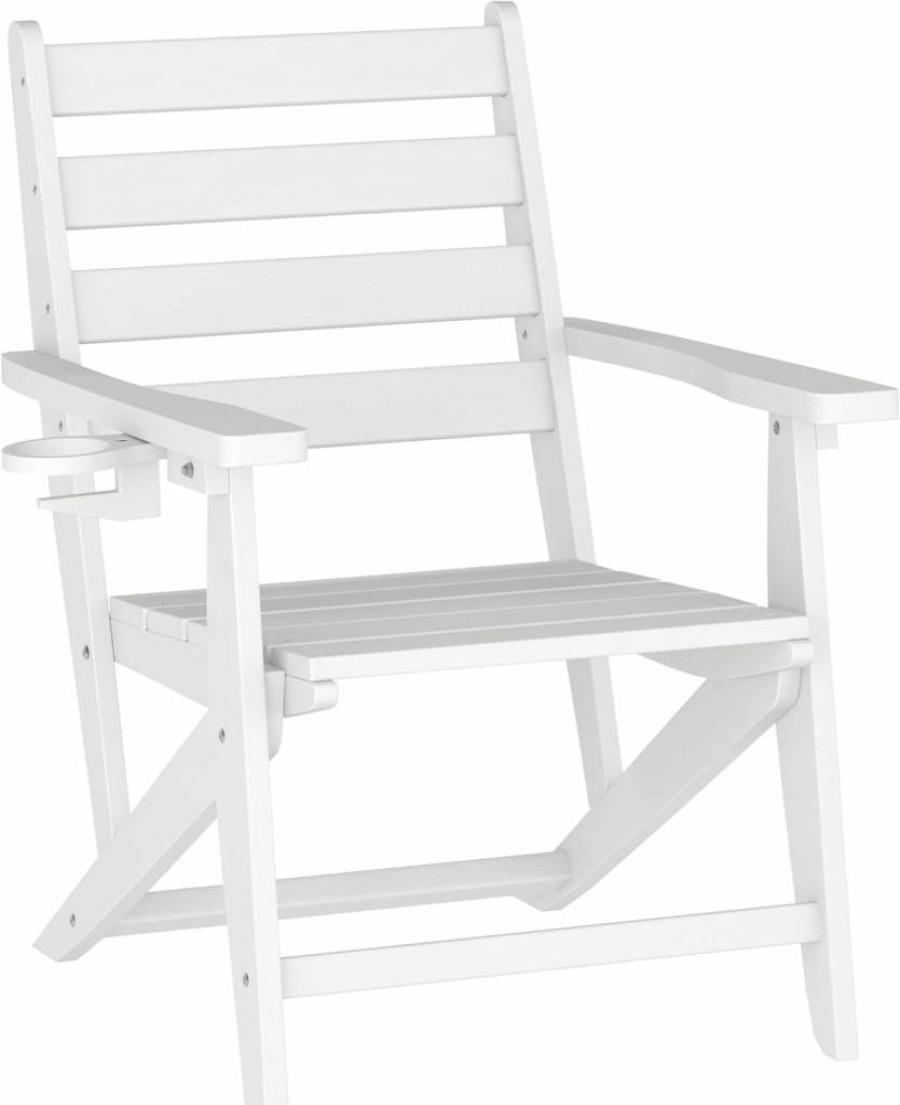 Flash Furniture Tolleson White Adirondack Chair with Cup Holder - Weather-Resistant Recycled HDPE, Commercial Outdoor Dining Chair, Foldable Design