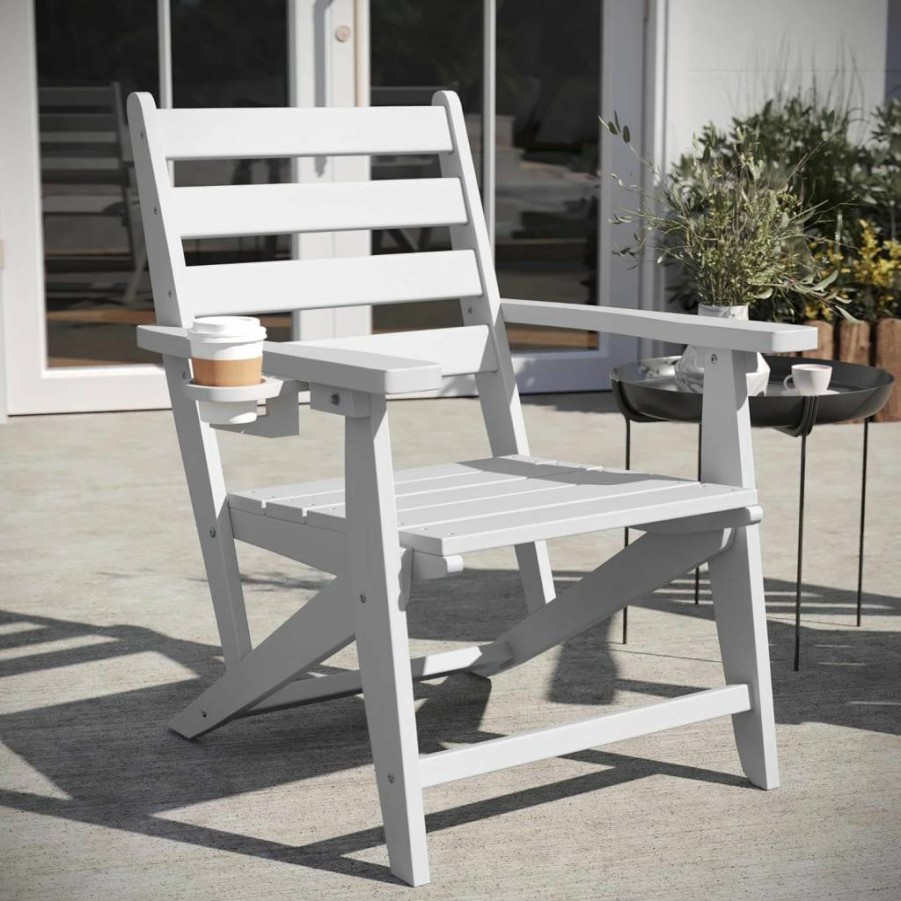 Flash Furniture Tolleson White Adirondack Chair with Cup Holder - Weather-Resistant Recycled HDPE, Commercial Outdoor Dining Chair, Foldable Design
