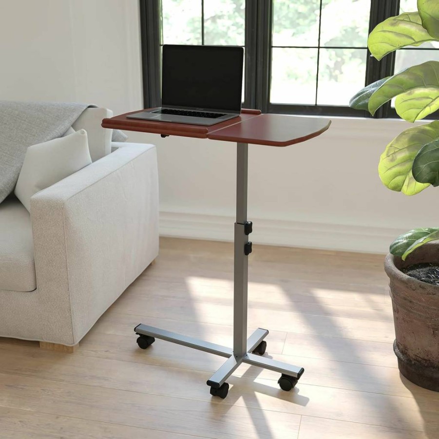 Flash Furniture Adjustable Mobile Laptop Table with Cherry Wood Top - Height & Angle Adjustable Computer Desk