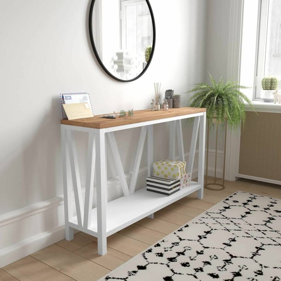 Flash Furniture Charlotte Farmhouse 2-Tier Entryway Console Table - Black Engineered Wood Frame with Walnut Finish Top for Living Room or Hallway