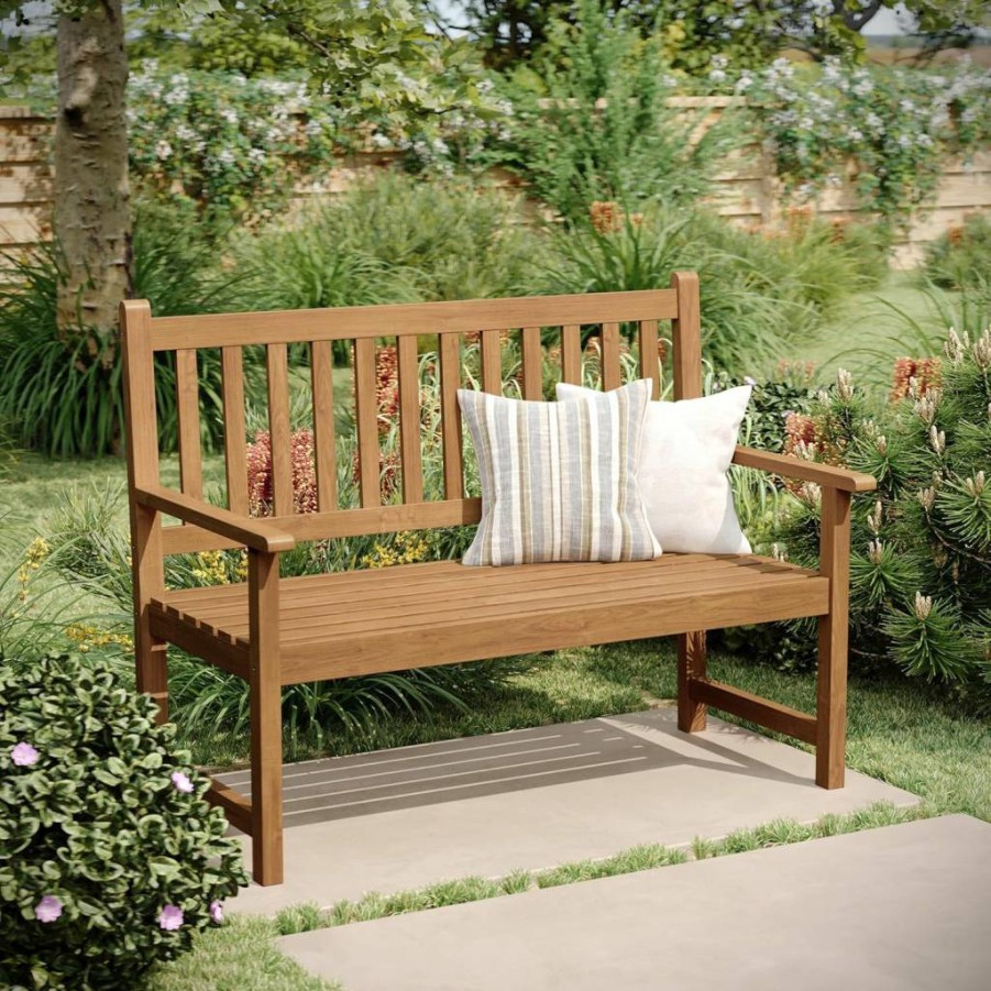 Flash Furniture Adele 2-Person Acacia Wood Patio Bench - Indoor/Outdoor Slatted Loveseat for Garden, Porch, Park (Black)