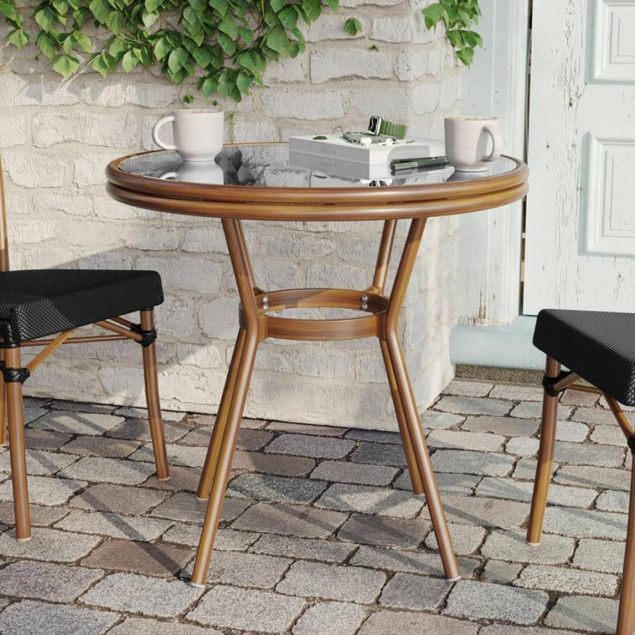 Flash Furniture Marseille 31.5" Black Bistro Table - Tempered Glass Top, Textilene Fabric, Bamboo Print Aluminum Frame - Indoor/Outdoor Commercial Use