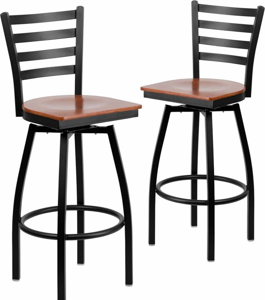 Flash Furniture Hercules Series 2-Pack Black Swivel Bar Stools with Metal Ladder Back & Vinyl Seating