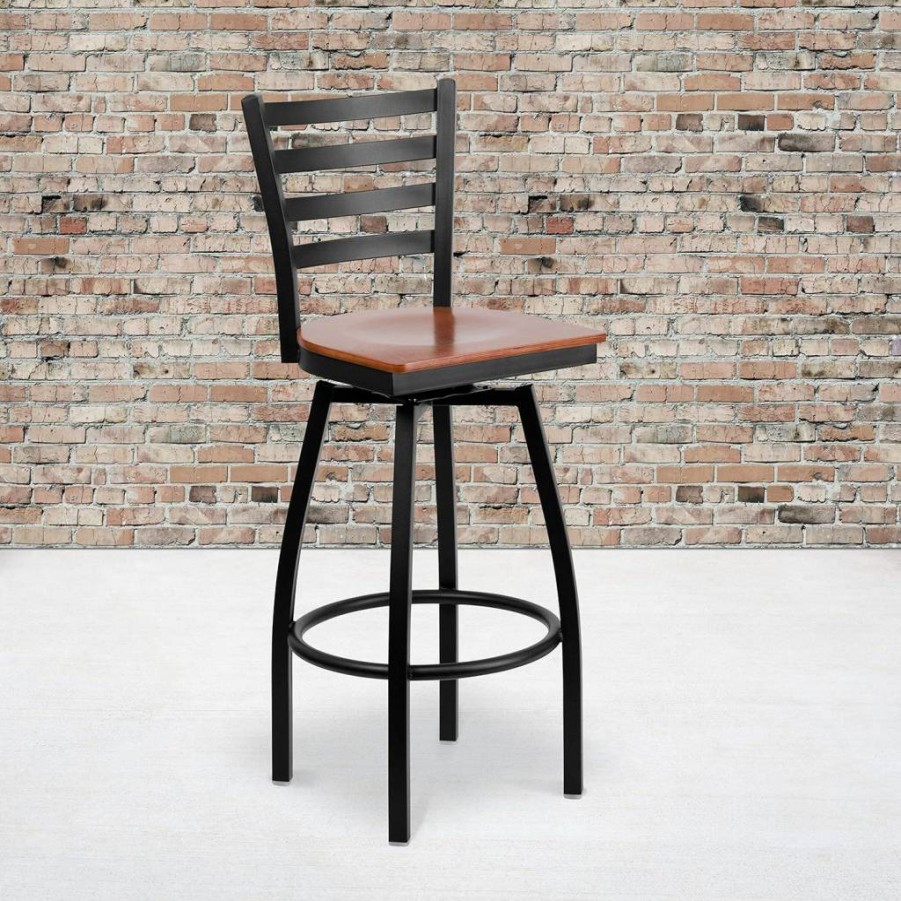Flash Furniture Hercules Series 2-Pack Black Swivel Bar Stools with Metal Ladder Back & Vinyl Seating