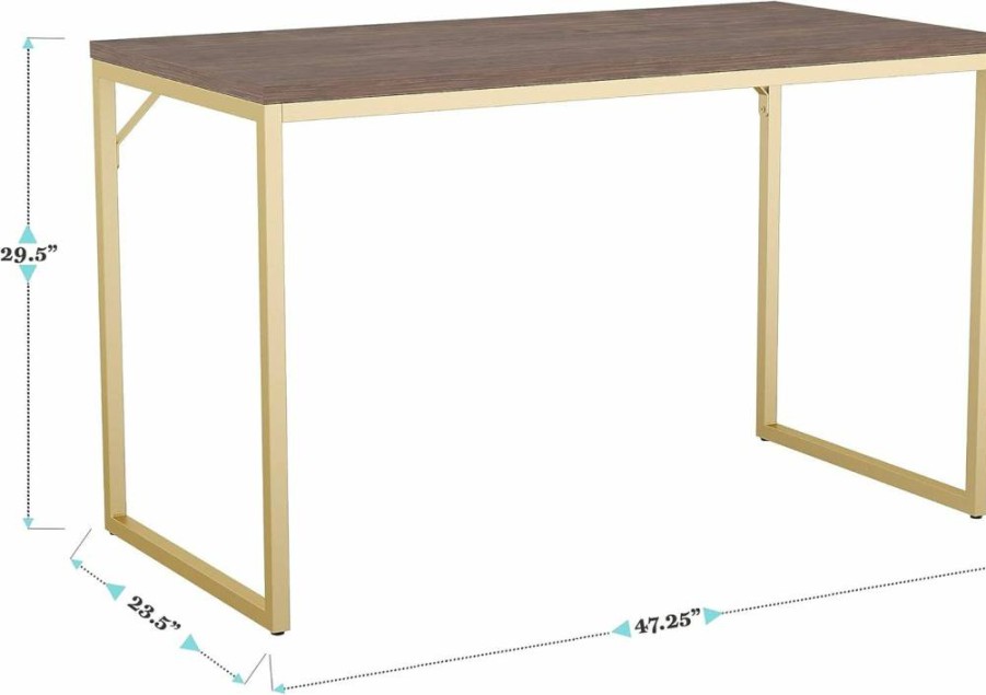 Martha Stewart Walnut Wood Grain Parsons Desk with Polished Brass Metal Frame for Home Office