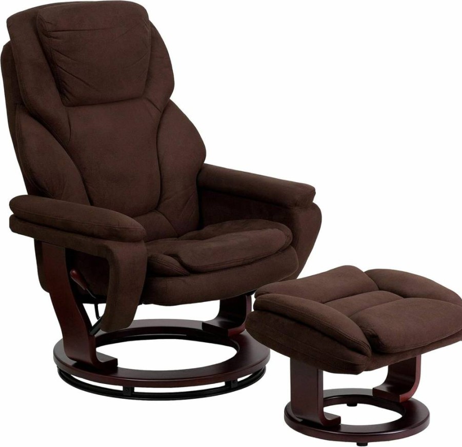 Flash Furniture Austin Modern Swivel Recliner with Ottoman - Brown LeatherSoft Upholstery & Mahogany Wood Base