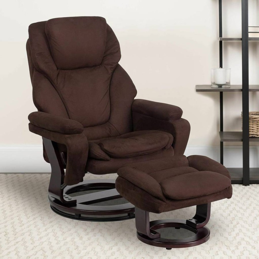 Flash Furniture Austin Modern Swivel Recliner with Ottoman - Brown LeatherSoft Upholstery & Mahogany Wood Base