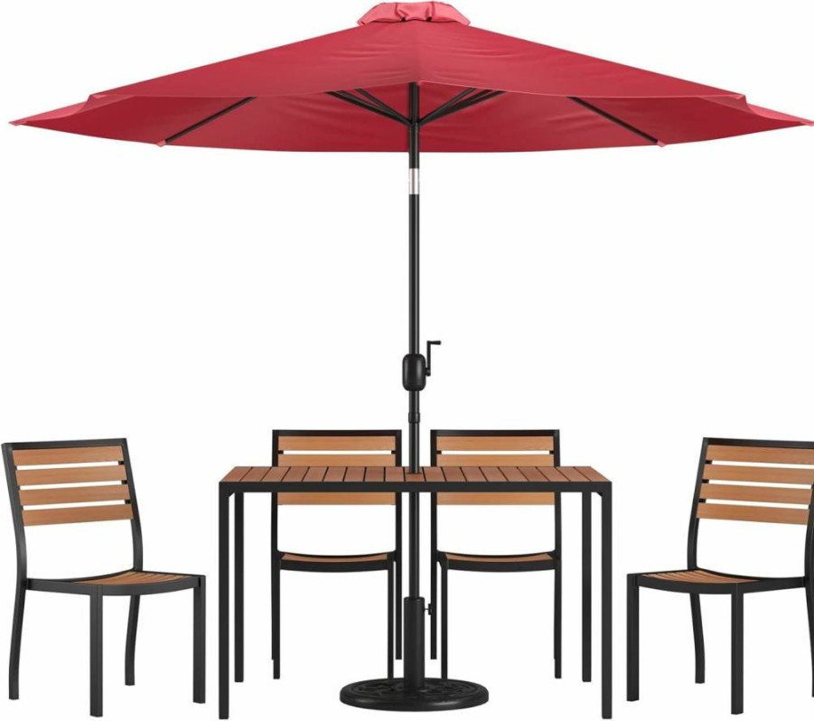 Flash Furniture 7-Piece Patio Dining Set with Stackable Faux Teak Chairs, 30x48 Inch Table, and Red Umbrella with Base