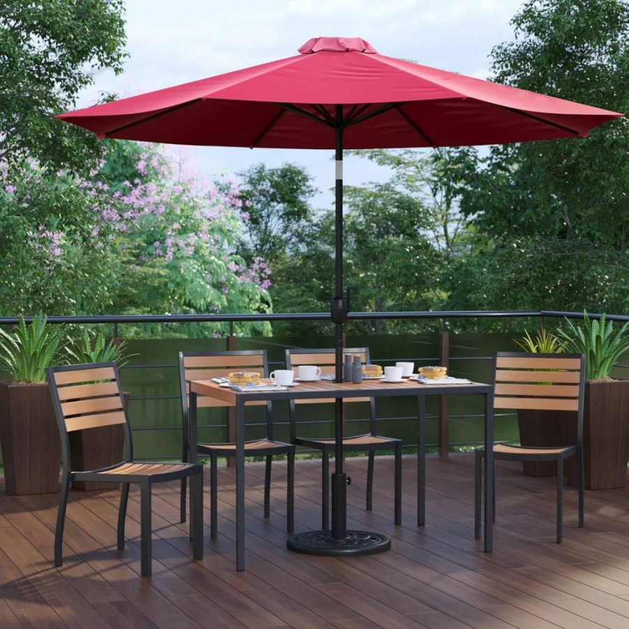 Flash Furniture 7-Piece Patio Dining Set with Stackable Faux Teak Chairs, 30x48 Inch Table, and Red Umbrella with Base
