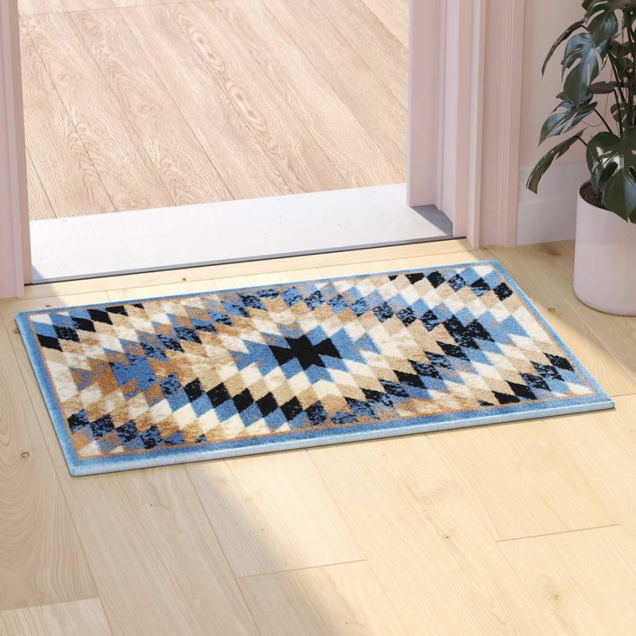 Flash Furniture Teagan 6' x 9' Southwestern Area Rug - Turquoise Olefin with Jute Backing for Living Room, Bedroom, Entryway