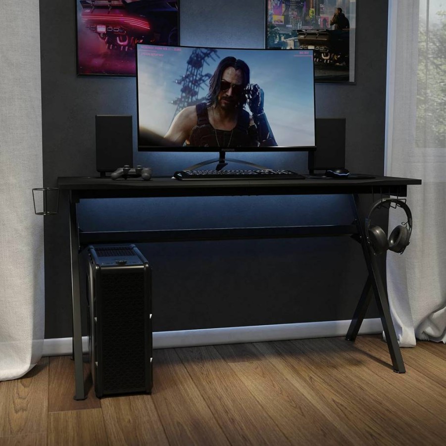 Flash Furniture Duncan 55-Inch Extra Wide Gaming Desk with Headphone Hook, Cup Holder & Free Mouse Pad - Large Computer Desk for Gamers