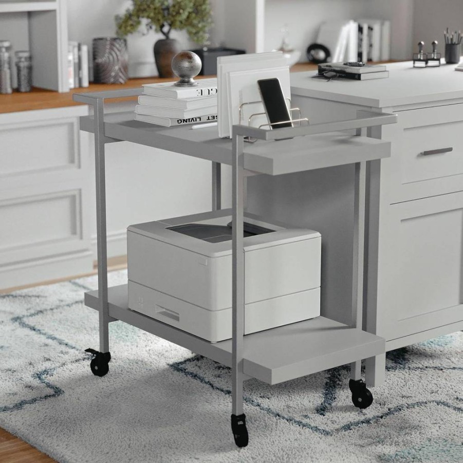 Martha Stewart 2-Tier Mobile Office Cart with Printer Storage in Gray and Brushed Nickel Frame