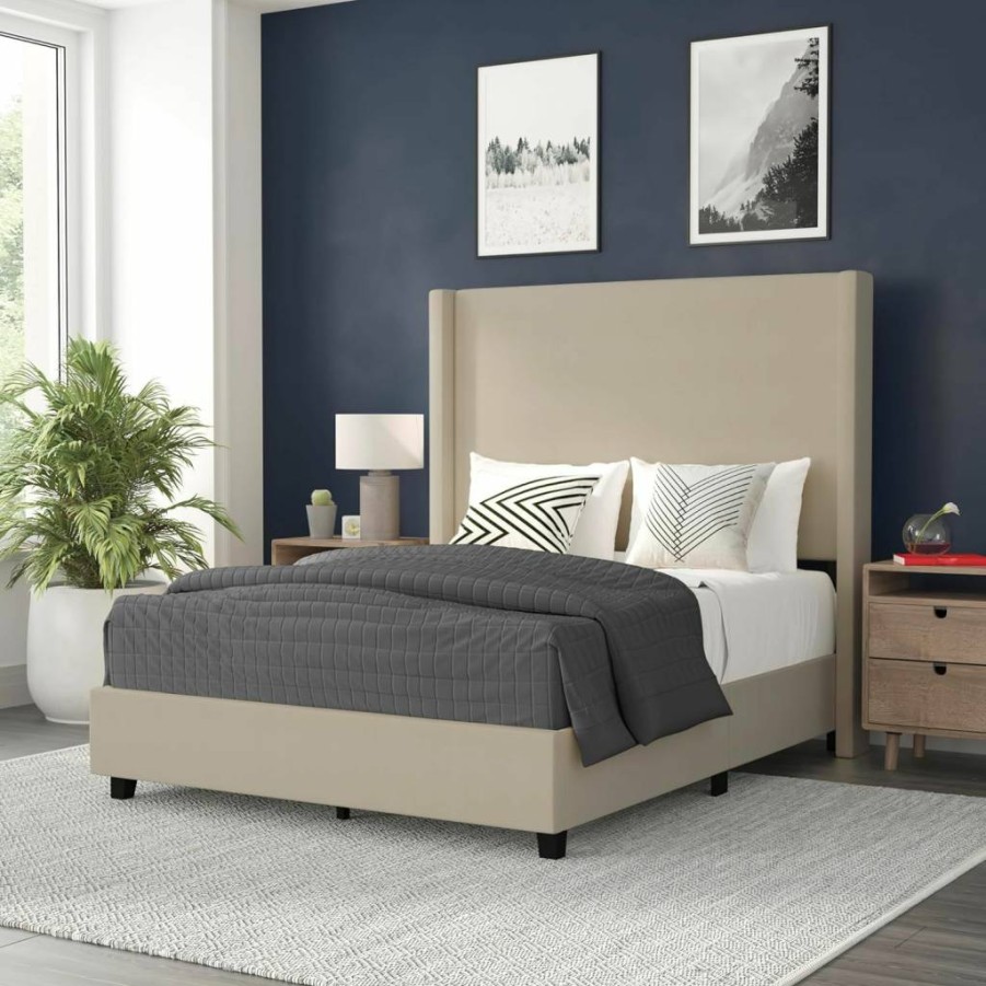 Flash Furniture Quinn Full Upholstered Platform Bed with Channel Stitched Wingback Headboard, Beige, Slatted Mattress Support, No Box Spring Required
